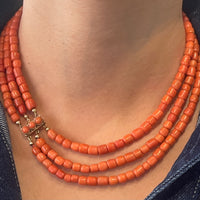 Three strand coral collier with 14 carat gold clasp-Necklaces-The Antique Ring Shop