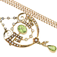 Peridot and pearl pendant and chain-Pendants-The Antique Ring Shop