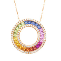 Multi colored carre cut sapphire and diamond pendant
