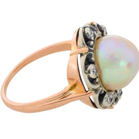 Pearl and single cut diamond ring in silver and gold