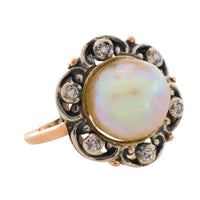 Pearl and single cut diamond ring in silver and gold