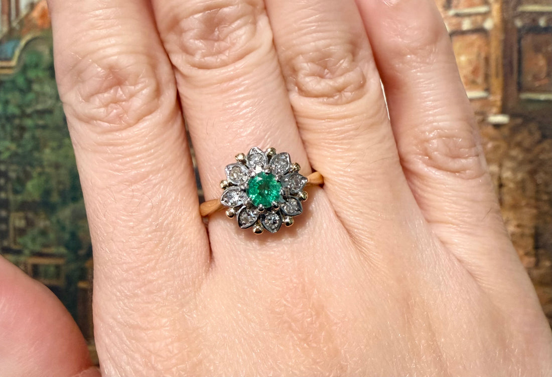 Vintage emerald and diamond cluster ring in gold and platinum-The Antique Ring Shop