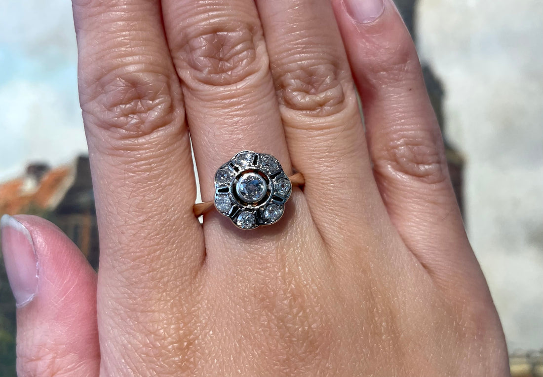 Old cut diamond cluster ring in silver and gold-Antique rings-The Antique Ring Shop