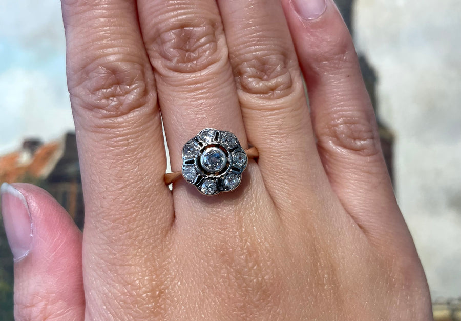 Old cut diamond cluster ring in silver and gold-Antique rings-The Antique Ring Shop
