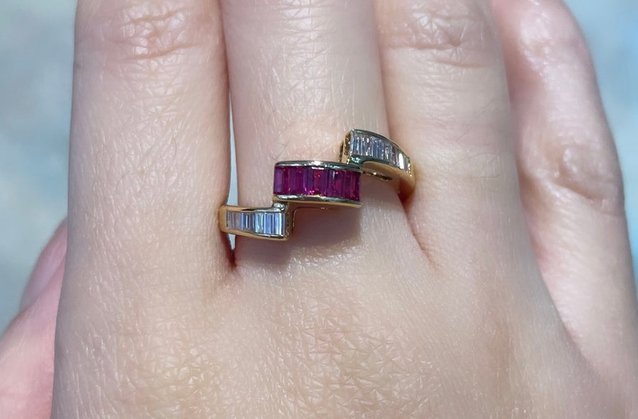 Baguette ruby and diamond ring in 18 carat gold-vintage rings-The Antique Ring Shop