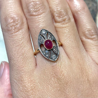 Vintage cabochon ruby and diamond marquise shaped ring-Vintage Rings-The Antique Ring Shop