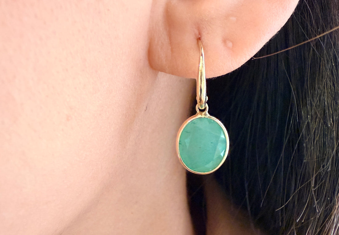 Green quartz earrings in 14 carat gold-Earrings-The Antique Ring Shop