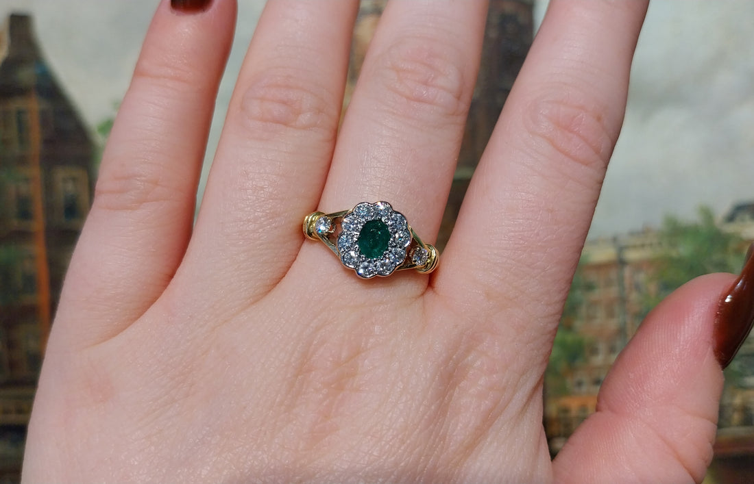 Emerald and diamond ring in 18 carat gold-engagement rings-The Antique Ring Shop