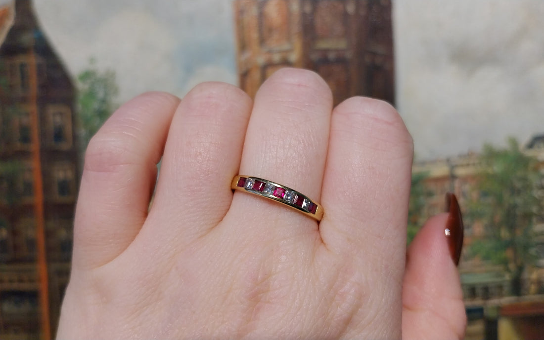 Ruby and princess cut diamond ring in 18 carat gold-vintage rings-The Antique Ring Shop
