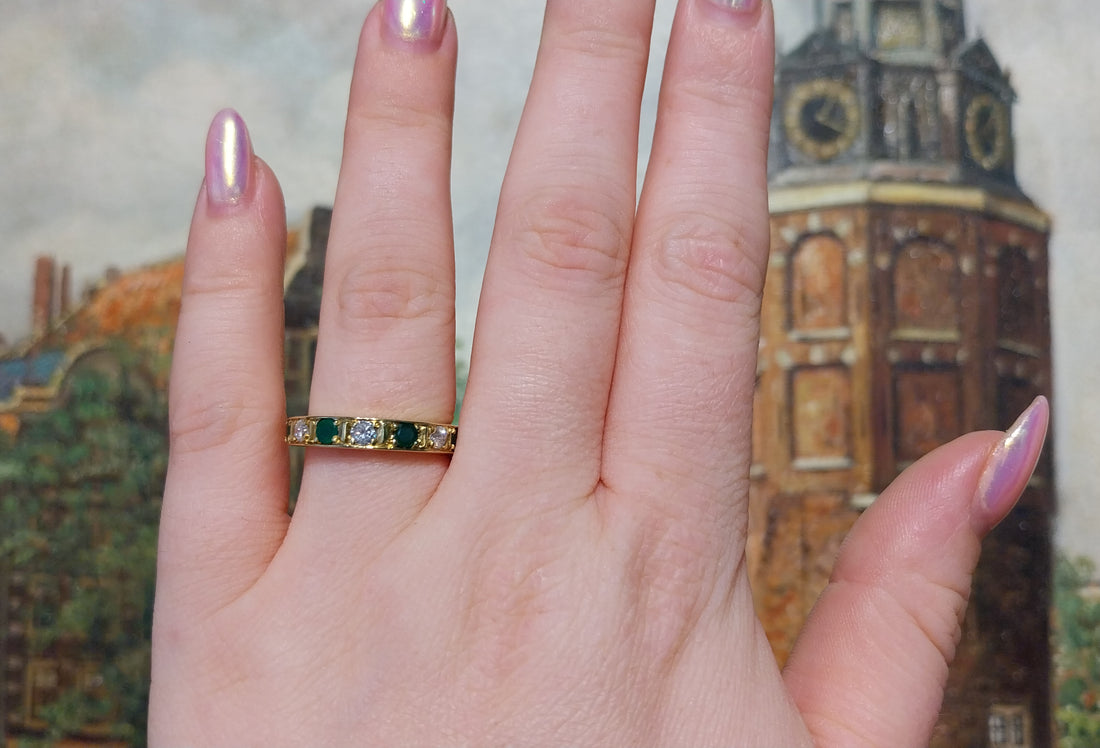 18 carat gold band with emeralds and diamonds-Vintage Rings-The Antique Ring Shop