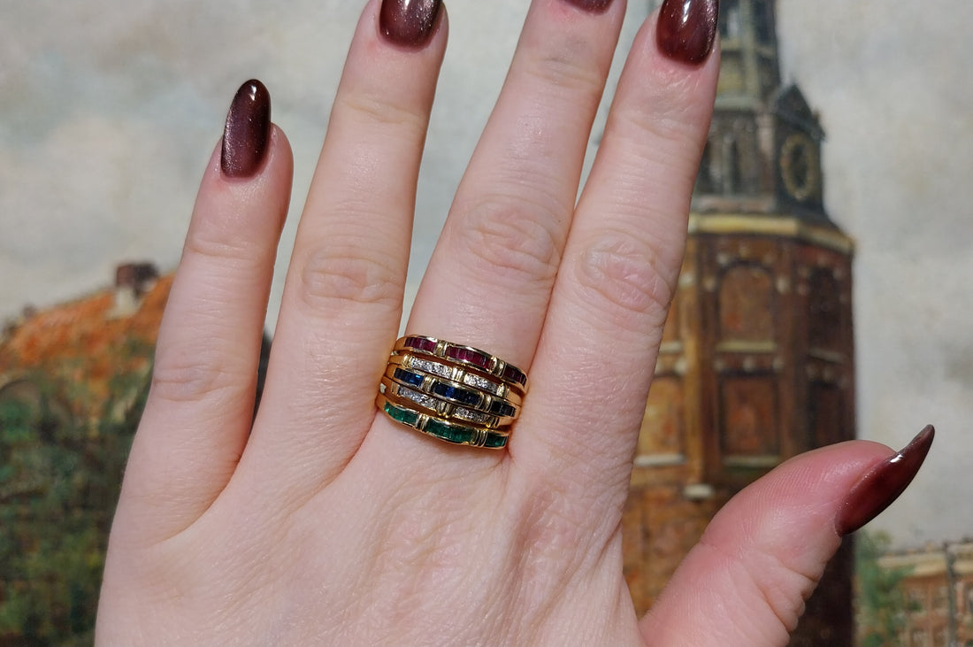 Ruby, emerald, sapphire and diamond interchangable ring-Vintage Rings-The Antique Ring Shop