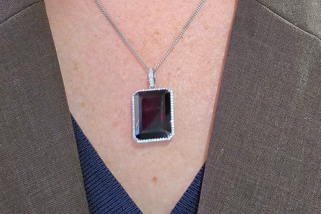 Garnet and diamond pendant in white gold-Pendants-The Antique Ring Shop