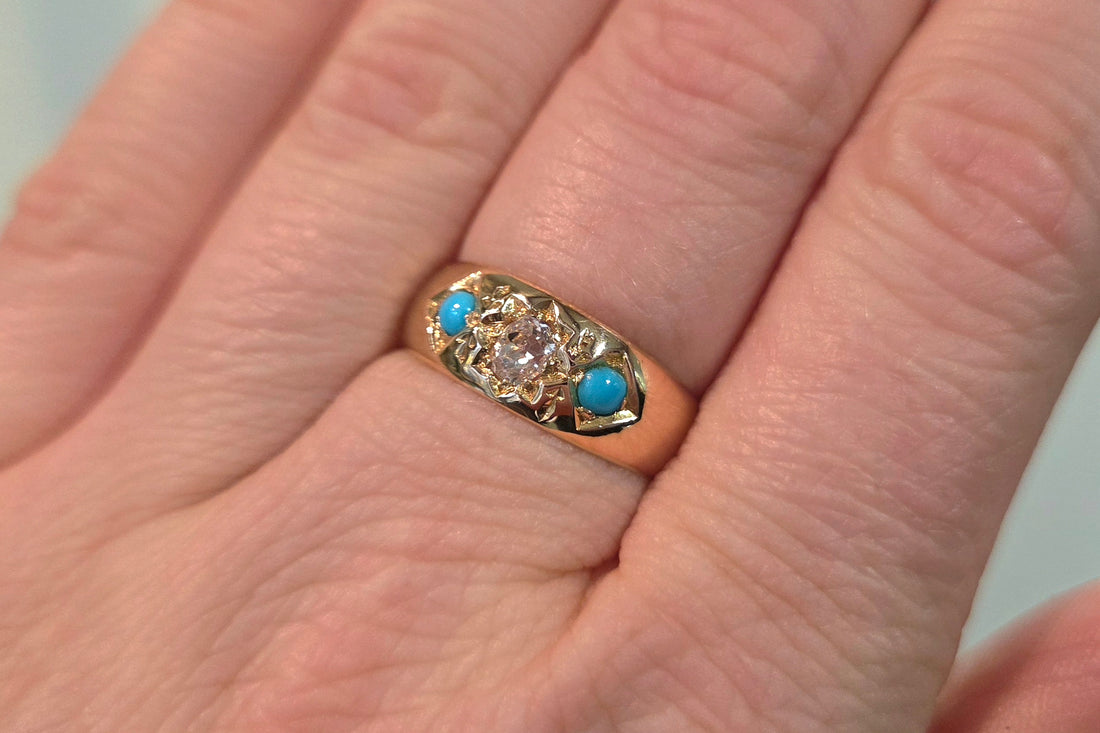 Victorian old cut diamond and turquoise gypsy ring-Antique rings-The Antique Ring Shop