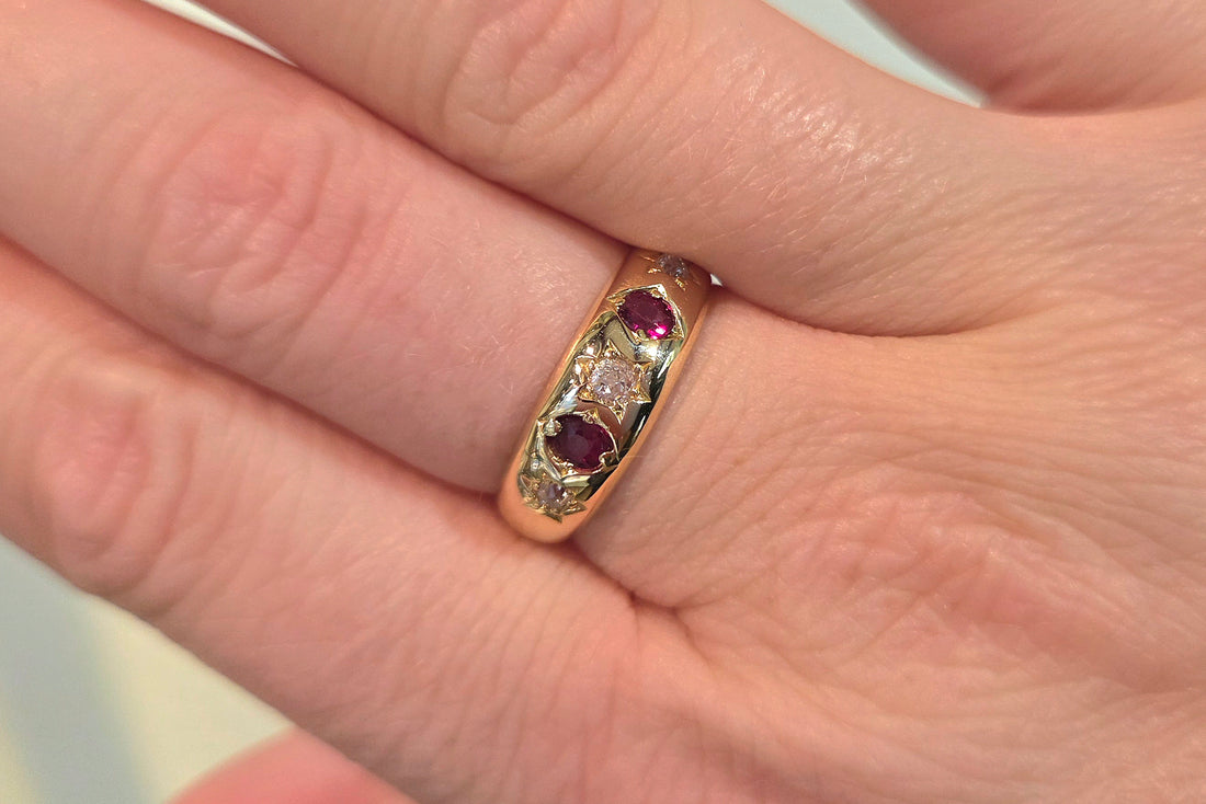 Ruby and old cut diamond gypsy ring from 1905