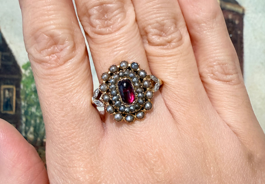 Tourmaline pearl and rose diamond ring-Antique rings-The Antique Ring Shop