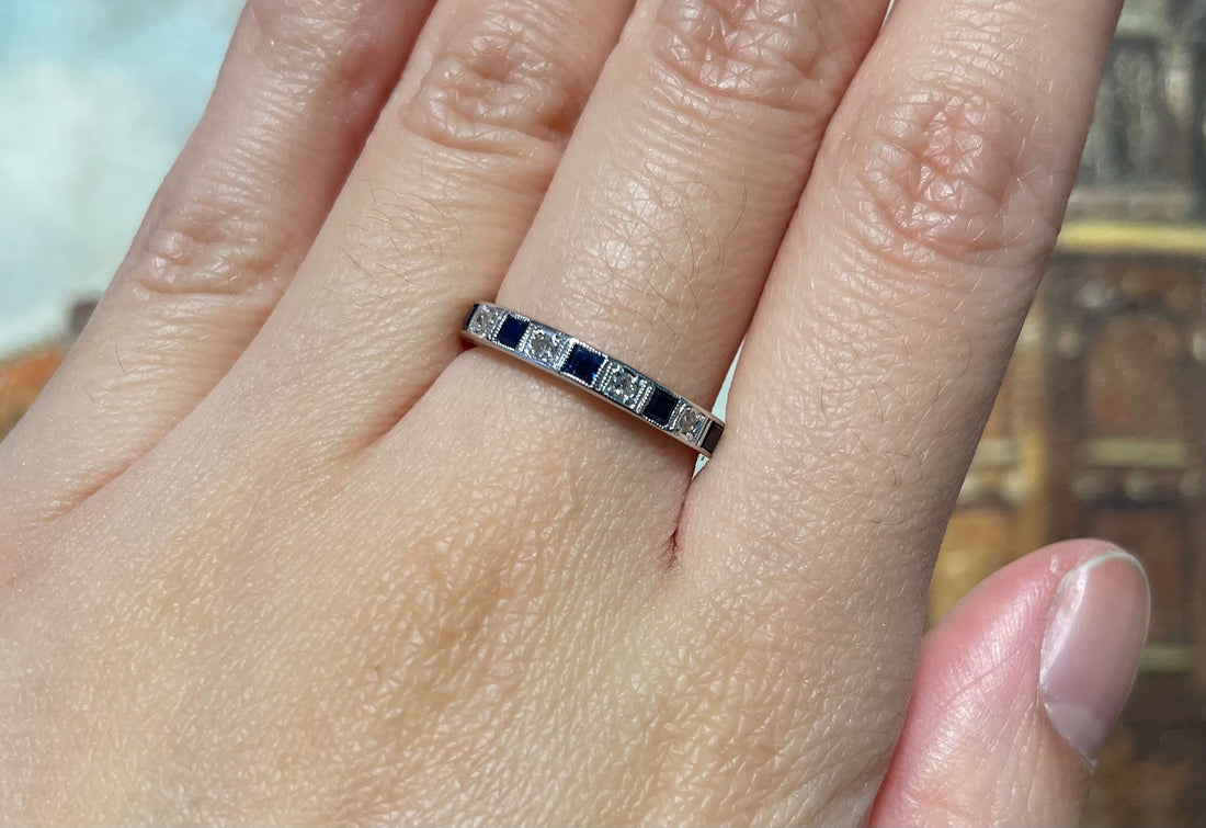 White gold sapphire and diamond band-wedding rings-The Antique Ring Shop