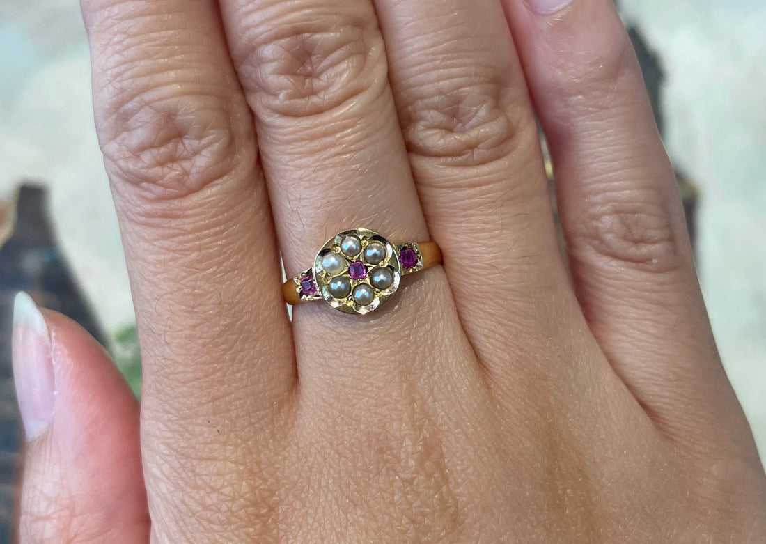 Victorian ruby and seed pearl ring from 1878-The Antique Ring Shop