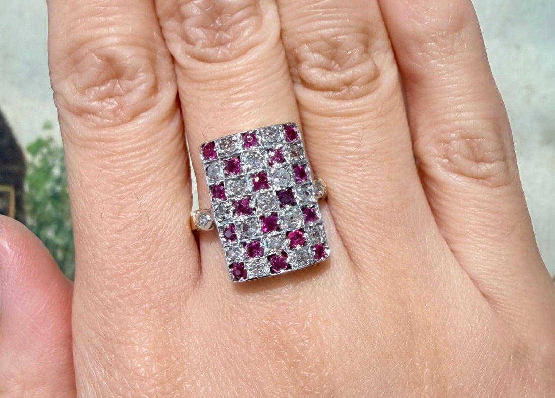 Art Deco ruby and diamond checker board ring-Antique rings-The Antique Ring Shop