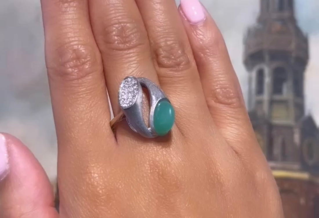 White gold ring with chrysoprase and diamonds-The Antique Ring Shop