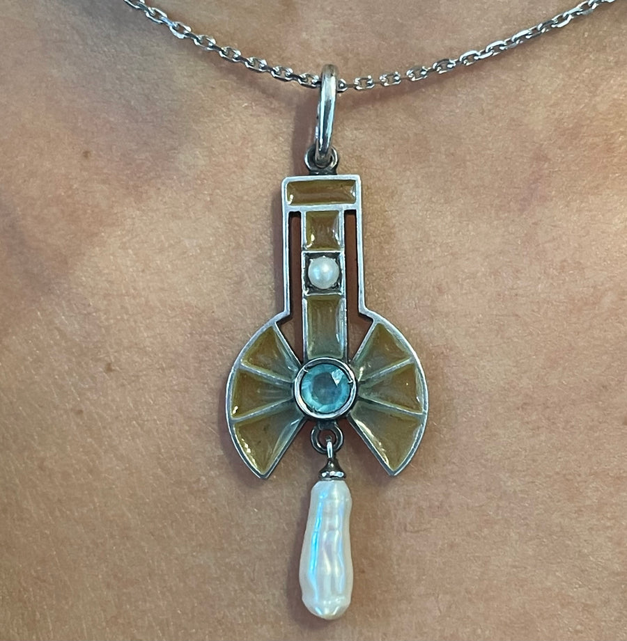 Art Deco Plique a jour silver pendant with pearls-Pendants-The Antique Ring Shop