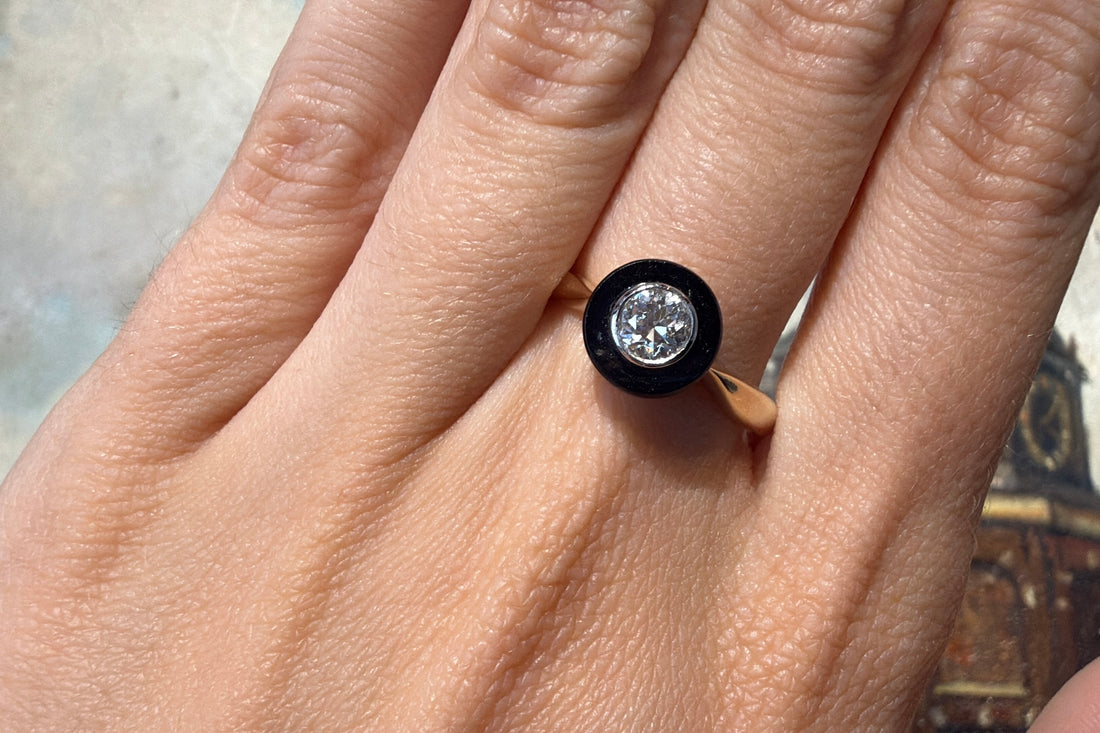 Vintage onyx and old cut diamond solitaire ring