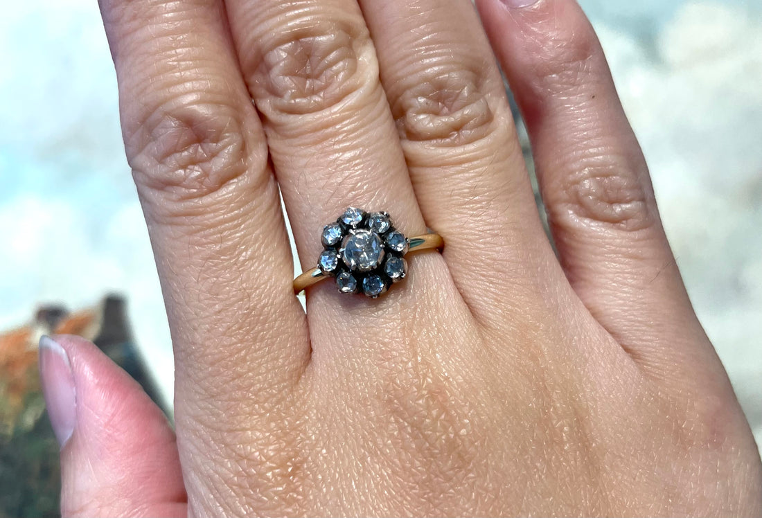 Rose diamond cluster ring in silver and gold-Vintage Rings-The Antique Ring Shop