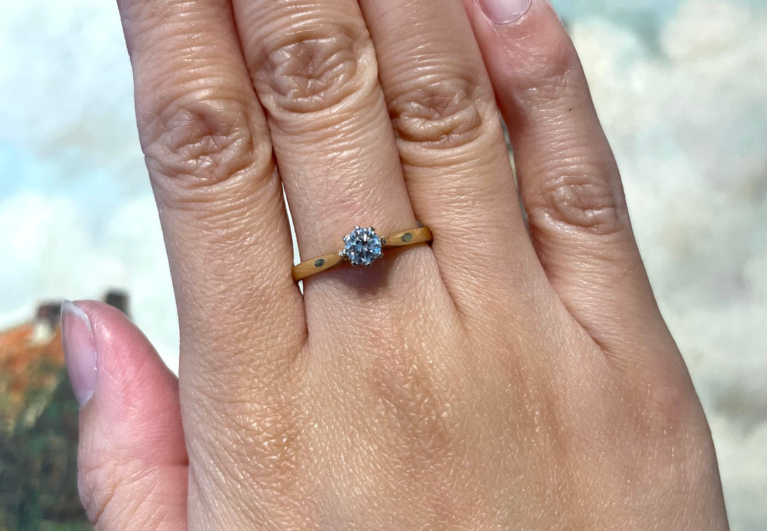 Diamond solitaire ring in yellow and white gold-engagement rings-The Antique Ring Shop
