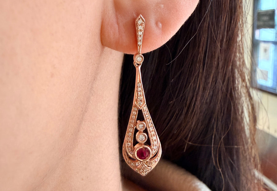 Ruby and diamond pendant earrings in rose gold-Earrings-The Antique Ring Shop