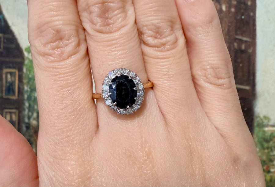 Vintage sapphire and diamond cluster ring-engagement rings-The Antique Ring Shop