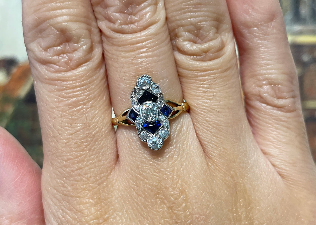 Edwardian sapphire and diamond navette ring-Antique rings-The Antique Ring Shop