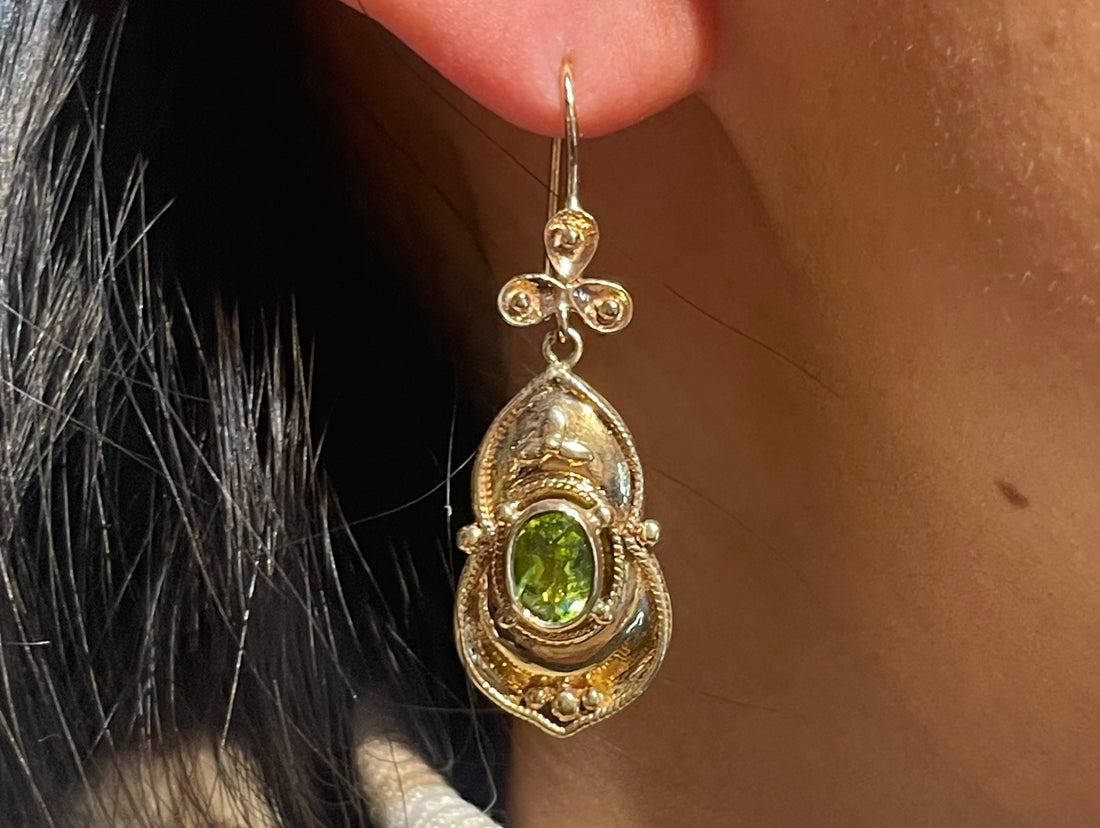 Peridot pendant earrings in 15 carat gold-Earrings-The Antique Ring Shop