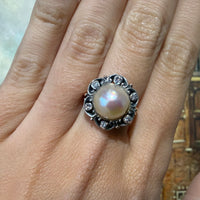 Pearl and single cut diamond ring in silver and gold