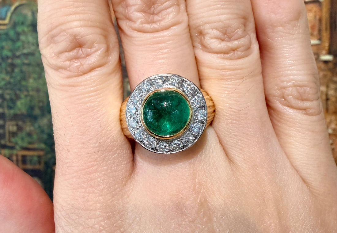 Emerald and diamond ring in 14 carat gold-Rings-The Antique Ring Shop