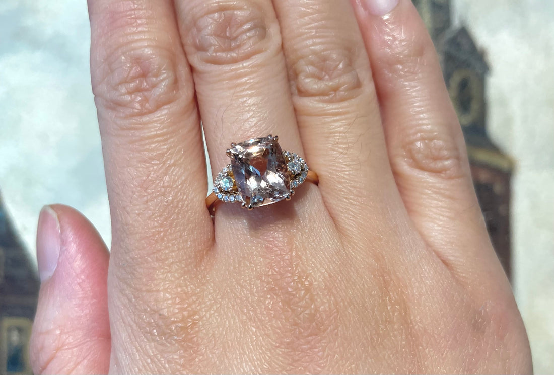 Morganite and diamond ring in 18 carat roe gold-Vintage Rings-The Antique Ring Shop