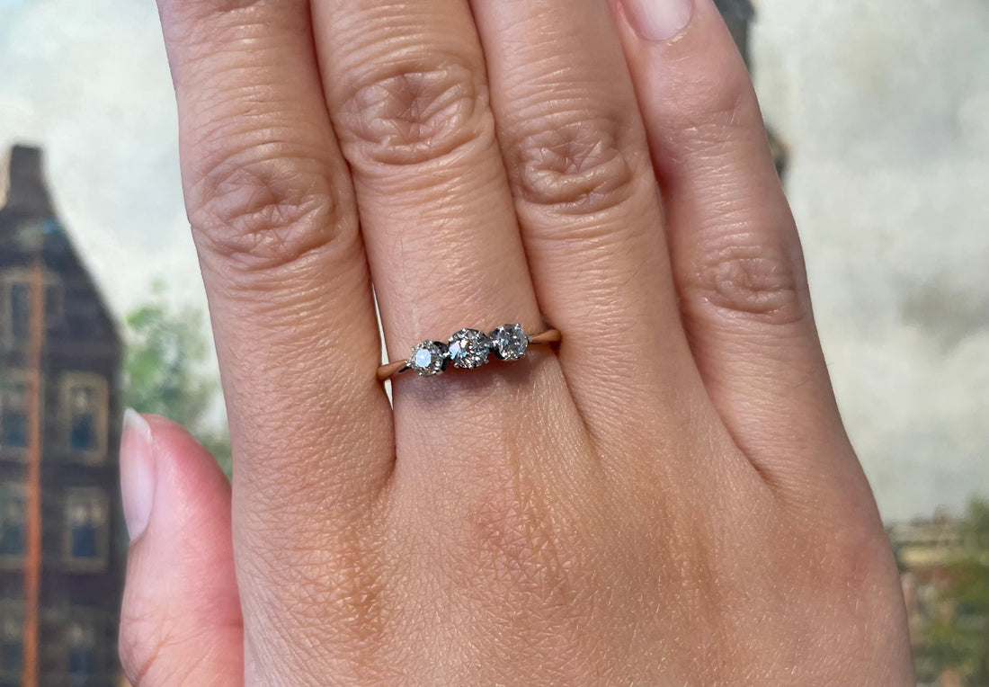 Three stone old cut diamond ring from 1919-The Antique Ring Shop