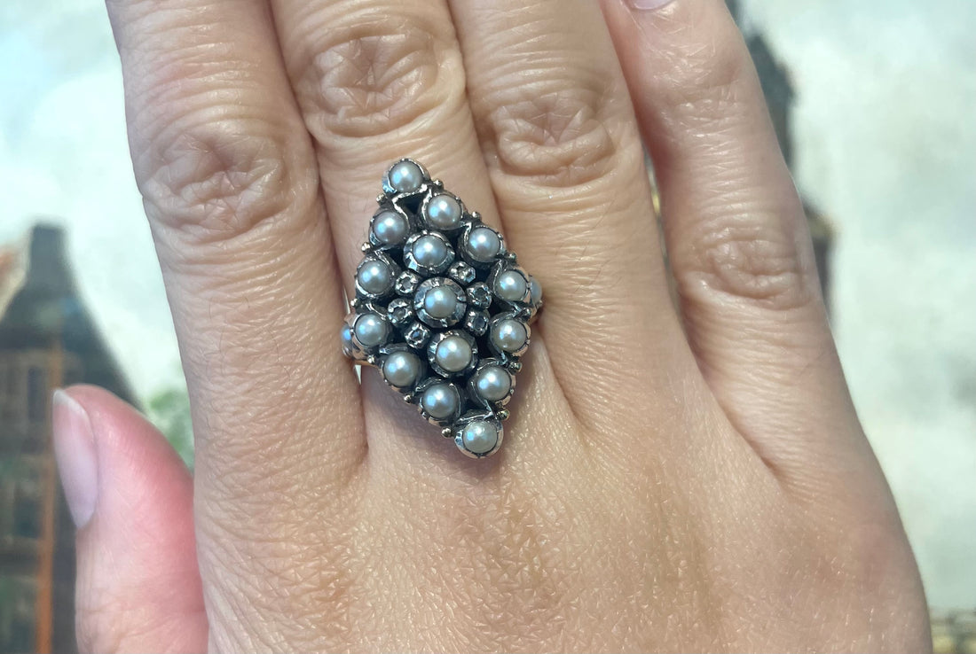 Vintage navette grey pearl and rose diamond ring-Vintage Rings-The Antique Ring Shop