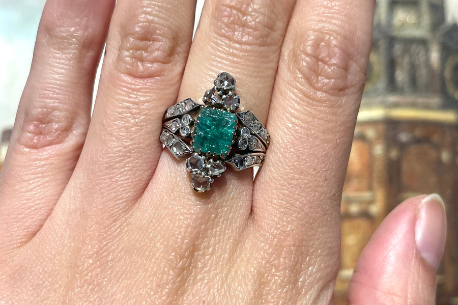 Antique emerald and rose diamond ring-Antique rings-The Antique Ring Shop