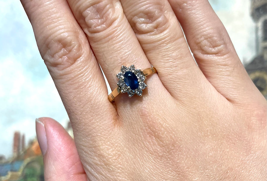 Vintage sapphire and diamond cluster ring in 18 carat gold-engagement rings-The Antique Ring Shop