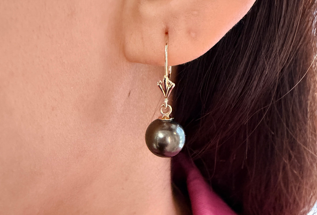Grey pearl earrings in 14 carat gold-Earrings-The Antique Ring Shop