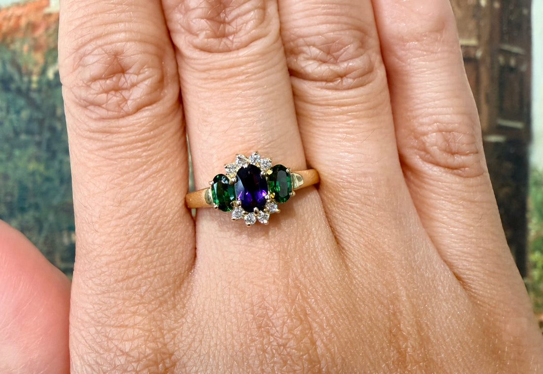 Tsavorite garnet, amethyst and diamond ring-Vintage Rings-The Antique Ring Shop