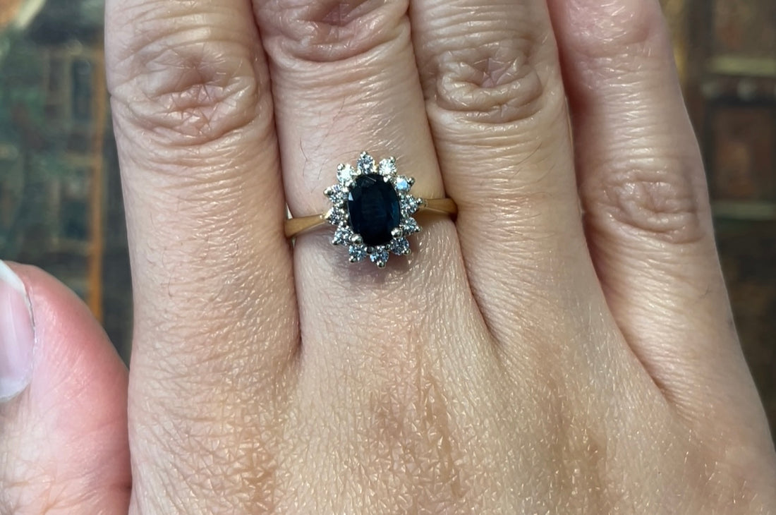 Sapphire and diamond cluster ring in 14 carat gold-engagement rings-The Antique Ring Shop