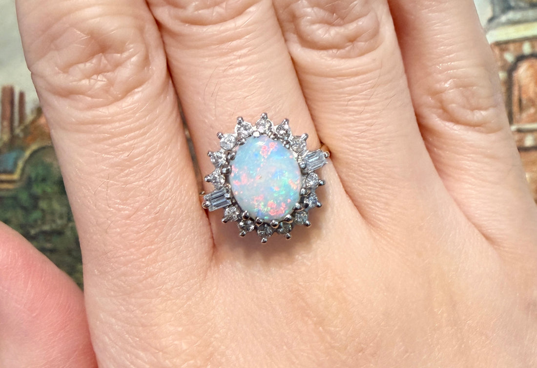 Vintage opal and diamond ring-Vintage Rings-The Antique Ring Shop