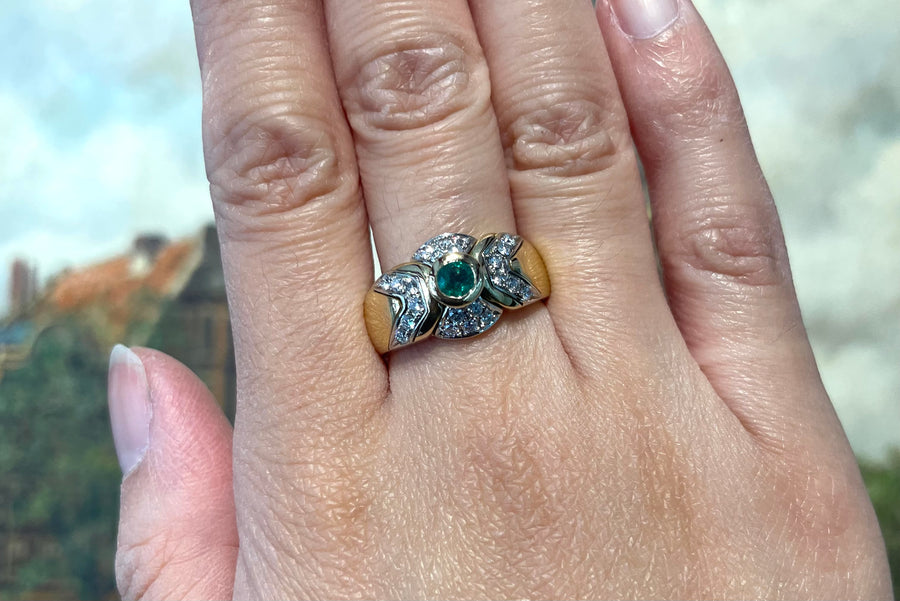 Emerald and diamond ring in 18 carat gold-Vintage Rings-The Antique Ring Shop