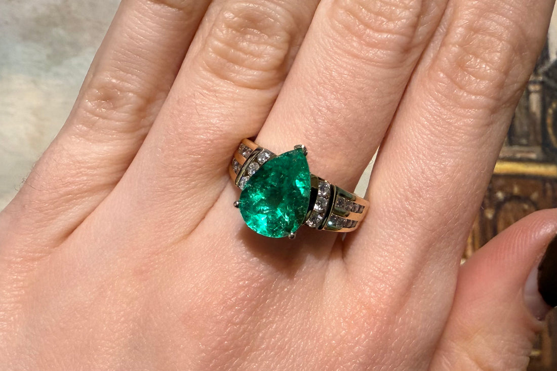 Colombian emerald and diamond ring in 18 carat gold-engagement rings-The Antique Ring Shop