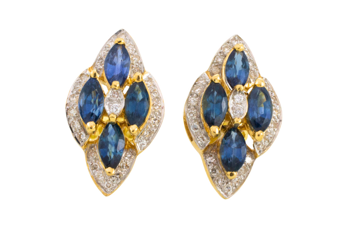 Sapphire and diamond marquise sdud earrings in 18 carat gold-Earrings-The Antique Ring Shop