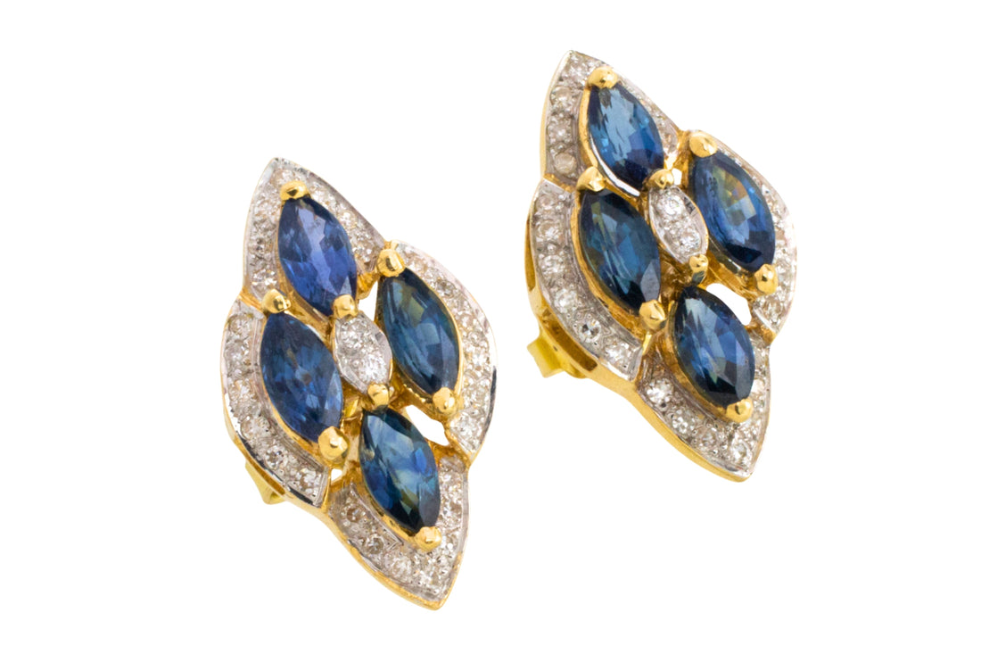 Sapphire and diamond marquise sdud earrings in 18 carat gold-Earrings-The Antique Ring Shop