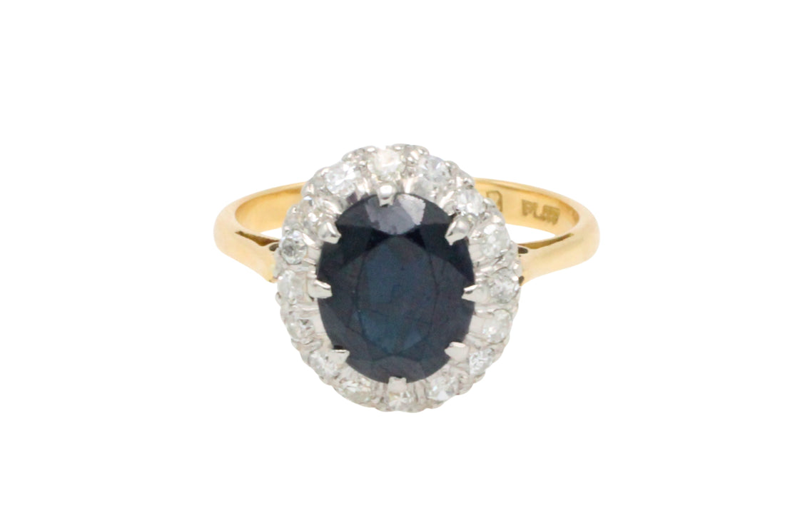 Vintage sapphire and diamond cluster ring-engagement rings-The Antique Ring Shop