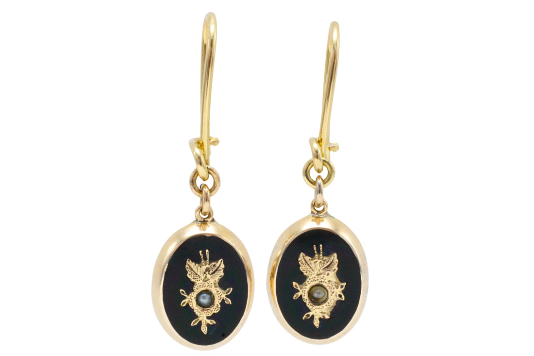 Onyx and pearl earrings in 14 carat gold-Earrings-The Antique Ring Shop