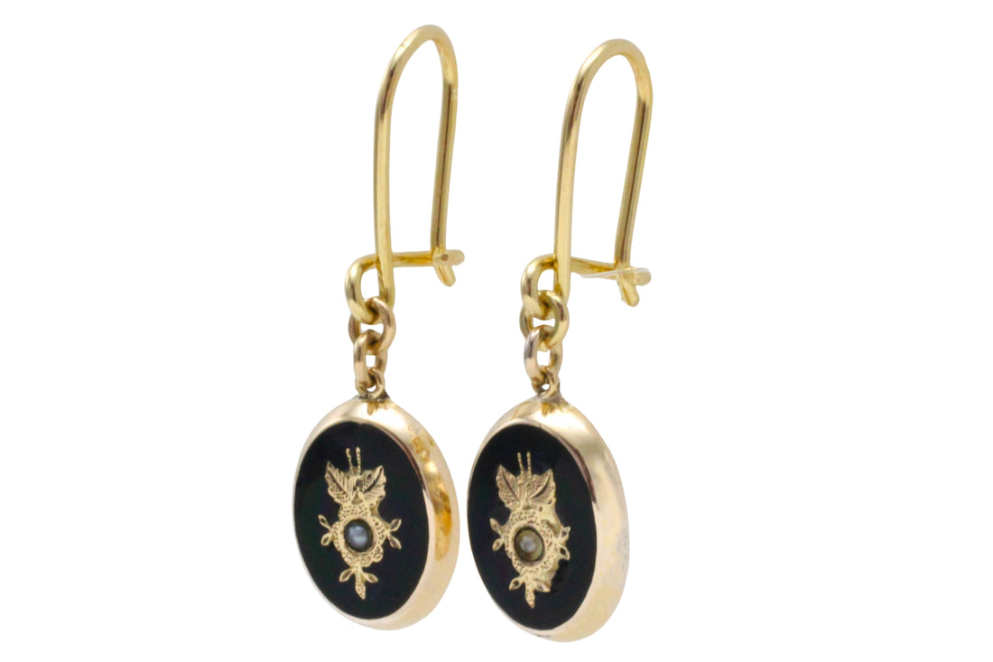 Onyx and pearl earrings in 14 carat gold-Earrings-The Antique Ring Shop