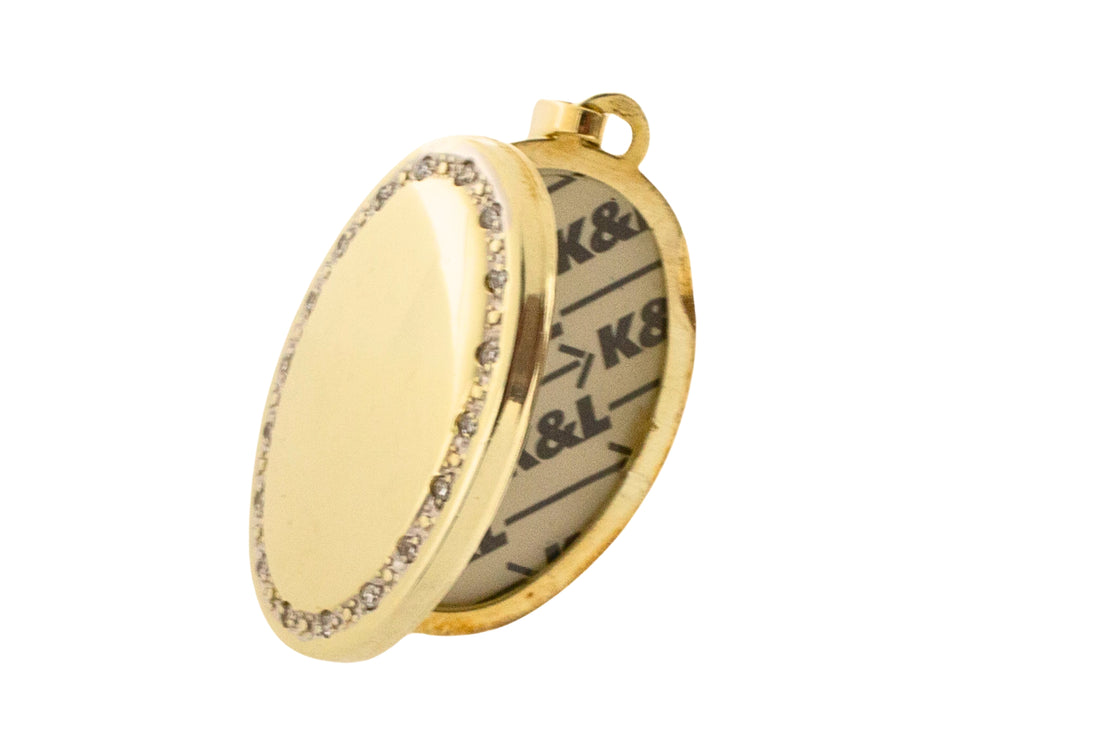 Gold photo locket with diamonds-Pendants-The Antique Ring Shop